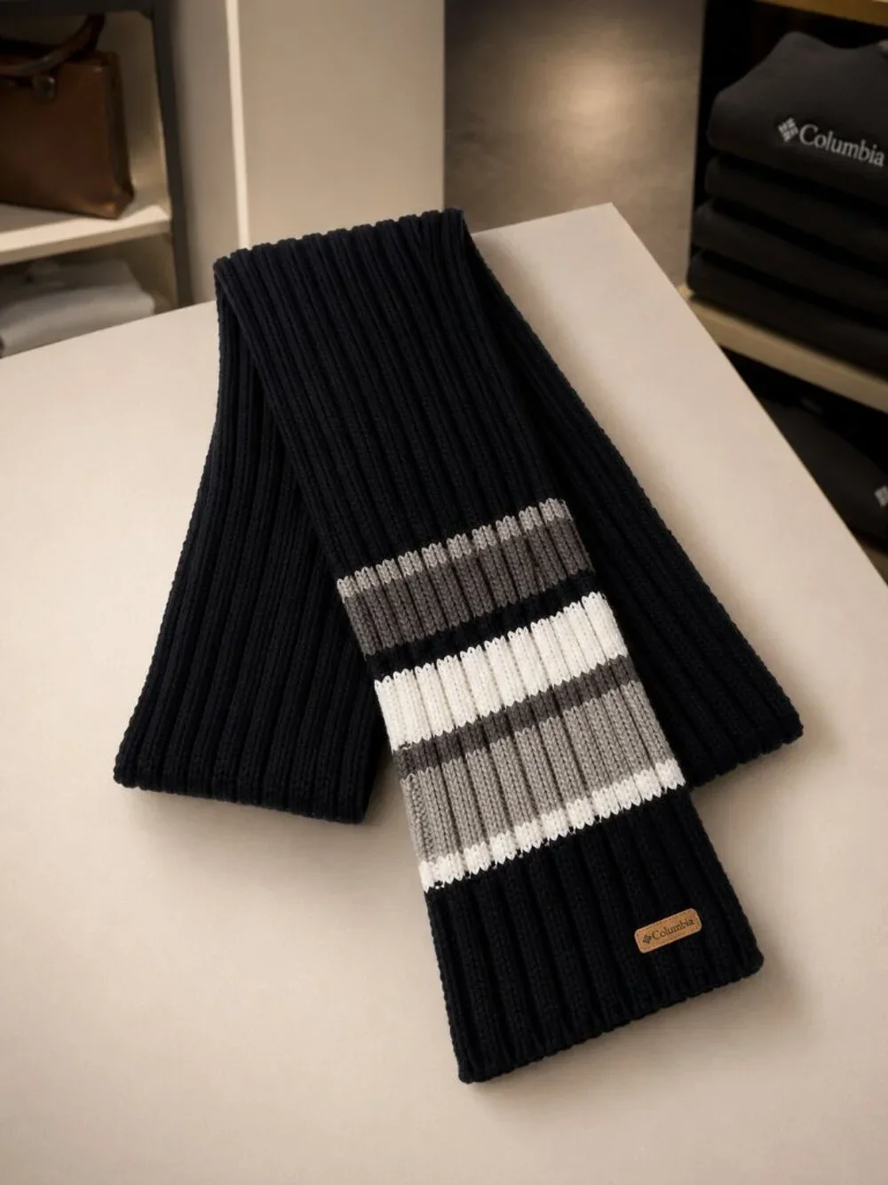 Columbia Unisex Ribbed Knit Scarf Black Gray Cream Stripe Cold Weather NEW